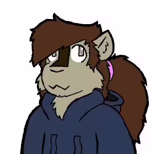 A light-brown fuzzy creature with long tied-back brown hair wearing a dark grey hoodie
