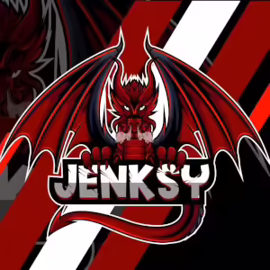 A red dragon sitting wings outstretched on top of a nameplate with the text JENKSY on it