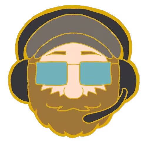A cartoon-ish light-skinned man with brown hair and a beard and mustache look toward the camera, wearing headphones