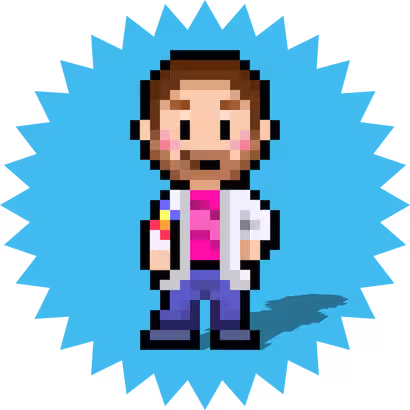 A pixel art of a person on a blue background