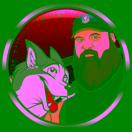 This is a cartoon drawing of a man with a thick beard. He is wearing a blue shirt and a blue cap with an anchor on it. He is standing next to a cartoon dog. The dog has a surprised expression on its face and its mouth is open. The image is set in a black background with a silver metallic circle around the cartoon characters. The background inside the circle is red.