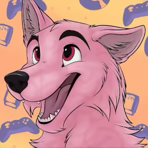 A smiling wolf made out of pink brains. Behind him is a peach background with purple console patterns