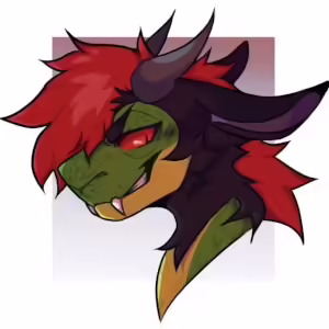 A green and yellow chupacabra with red eyes and hair