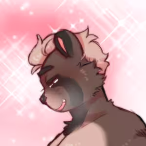 A brown Tanuki with pink hair and looking to the left. The background is pink sparkly swirls.